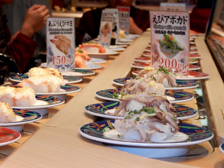 Mmmm yummy sushi train in Osaka
