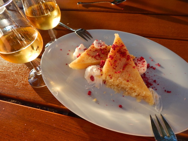 Wine and Lemon cake with raspberry crumb