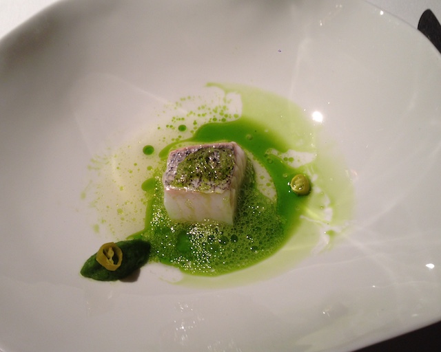 Hake asparagus rocket pesto poparras and rocket oil