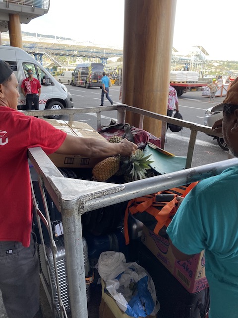 Moving Pineapples to get our luggage